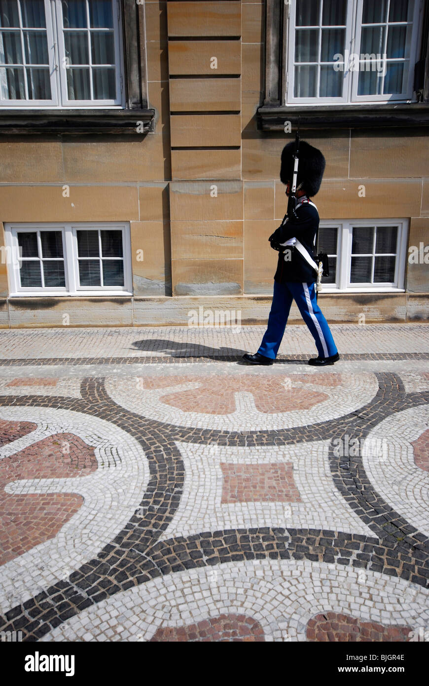 Royal Guard presso il Palazzo di Amalienborg a Copenhagen, in Danimarca. Il palazzo è la casa della famiglia reale danese. Foto Stock