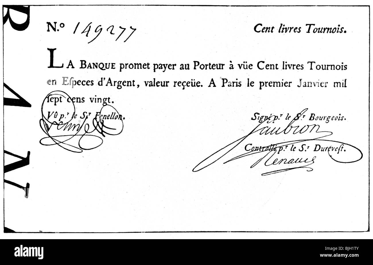 Denaro / finanza, banconote, Francia, 100 Livres Tournois, Banque Royale, 1720, Foto Stock