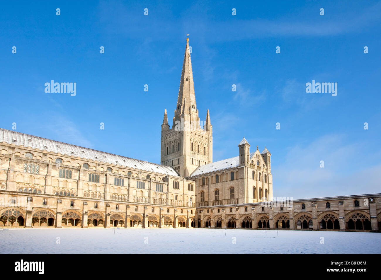 Il medievale Norwich Cathedral catturato a seguito di nevicate invernali su un luminoso e soleggiato inverni mattina. Foto Stock