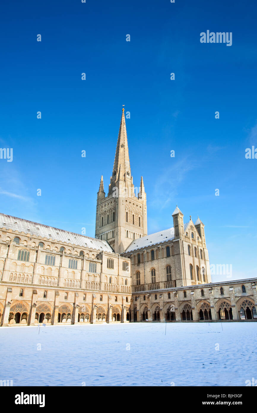 Il medievale Norwich Cathedral catturato a seguito di nevicate invernali su un luminoso e soleggiato inverni mattina. Foto Stock