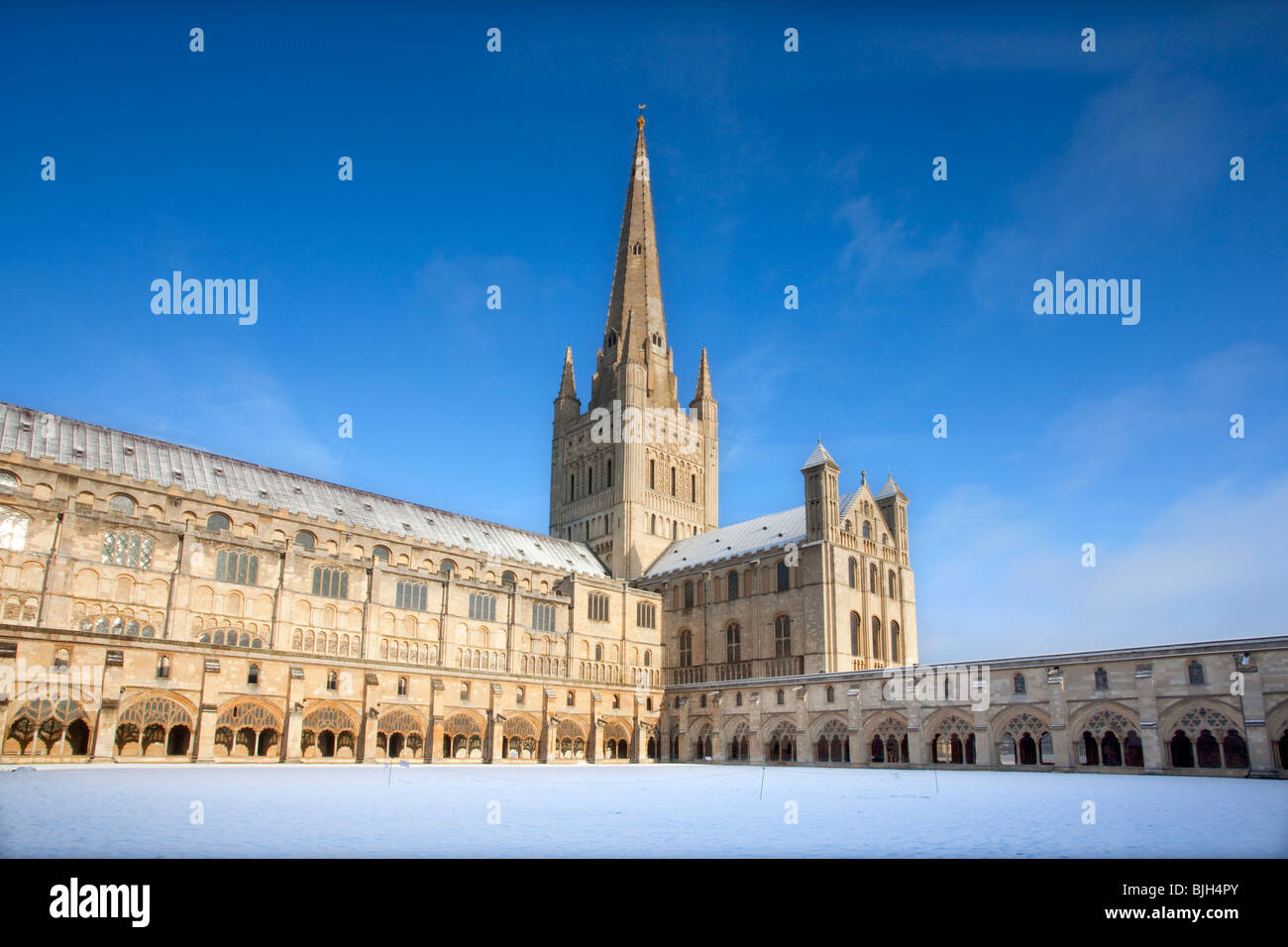 Il medievale Norwich Cathedral catturato a seguito di nevicate invernali su un luminoso e soleggiato inverni mattina. Foto Stock