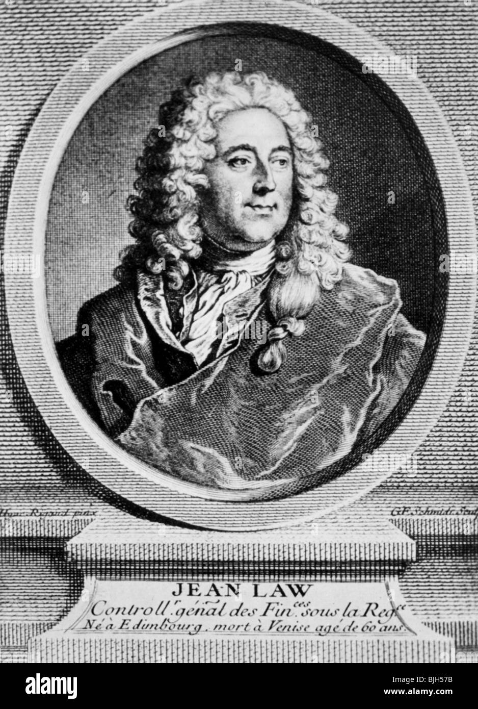 Diritto, Giovanni, 16.4.1671 - 21,3. 1729, economista scozzese e banchiere, ritratto, incisione su rame di G. F. Schmidt, XVIII secolo , artista del diritto d'autore non deve essere cancellata Foto Stock