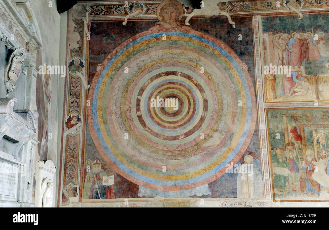 Astrologici medievali ruota zodiacale murale dentro il Camposanto del Campo dei Miracoli, Pisa, Toscana, Italia Foto Stock