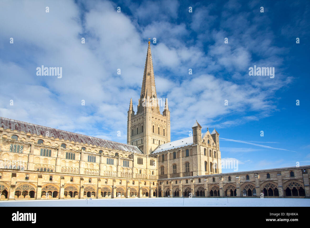 Il medievale Norwich Cathedral catturato a seguito di nevicate invernali su un luminoso e soleggiato inverni mattina. Foto Stock