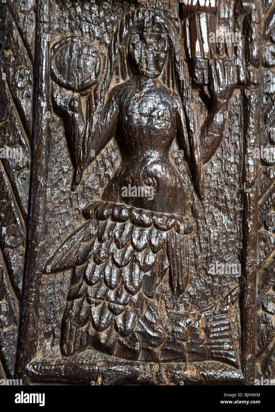 Il misterioso Mermaid di Zennor Carving nella chiesa di San Senara Chiesa Zennor, Cornwall Foto Stock