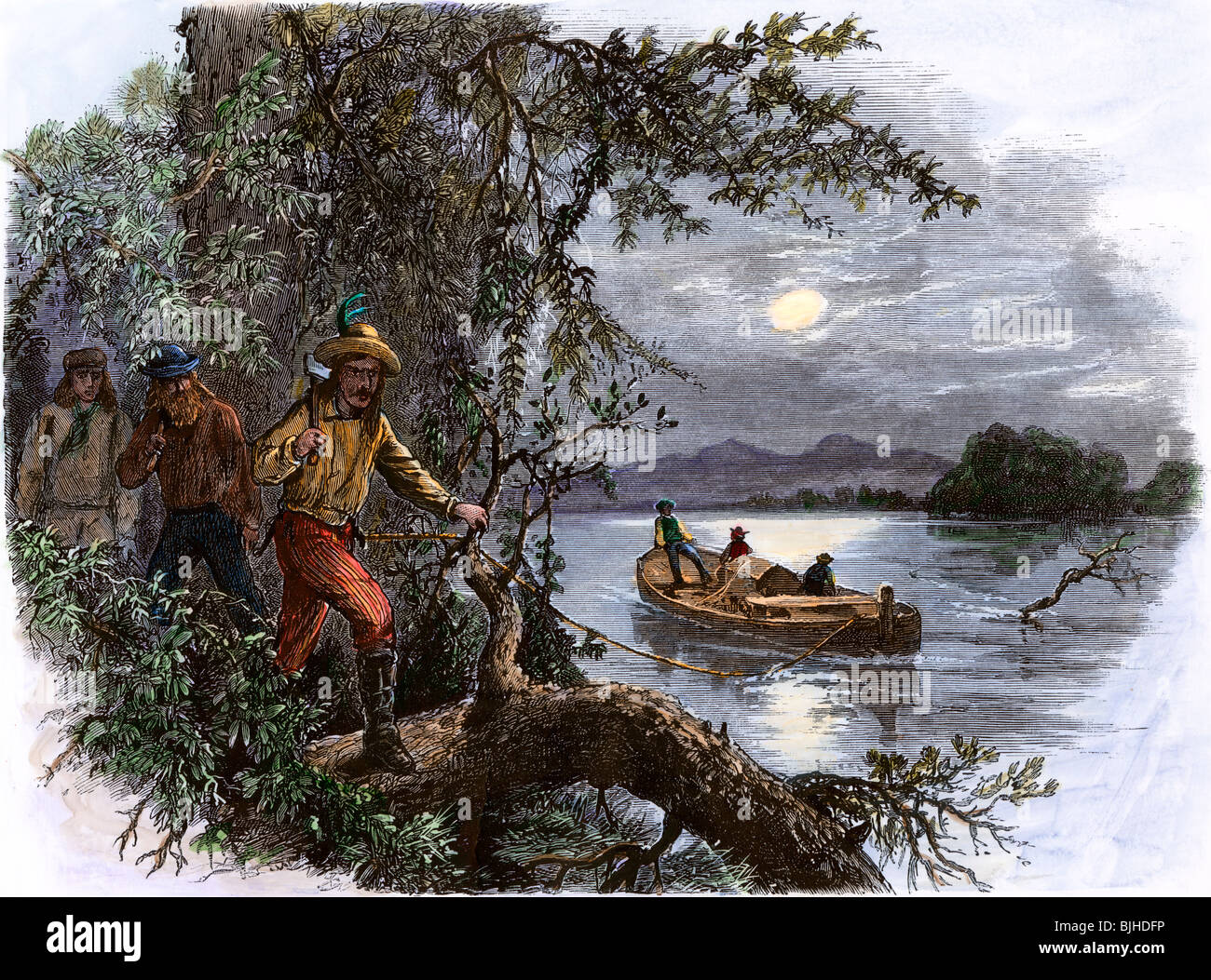 Semi-razze e il francese voyageurs il traino di una barca sulla parte superiore del Fiume Missouri, 1800s. Colorate a mano la xilografia Foto Stock