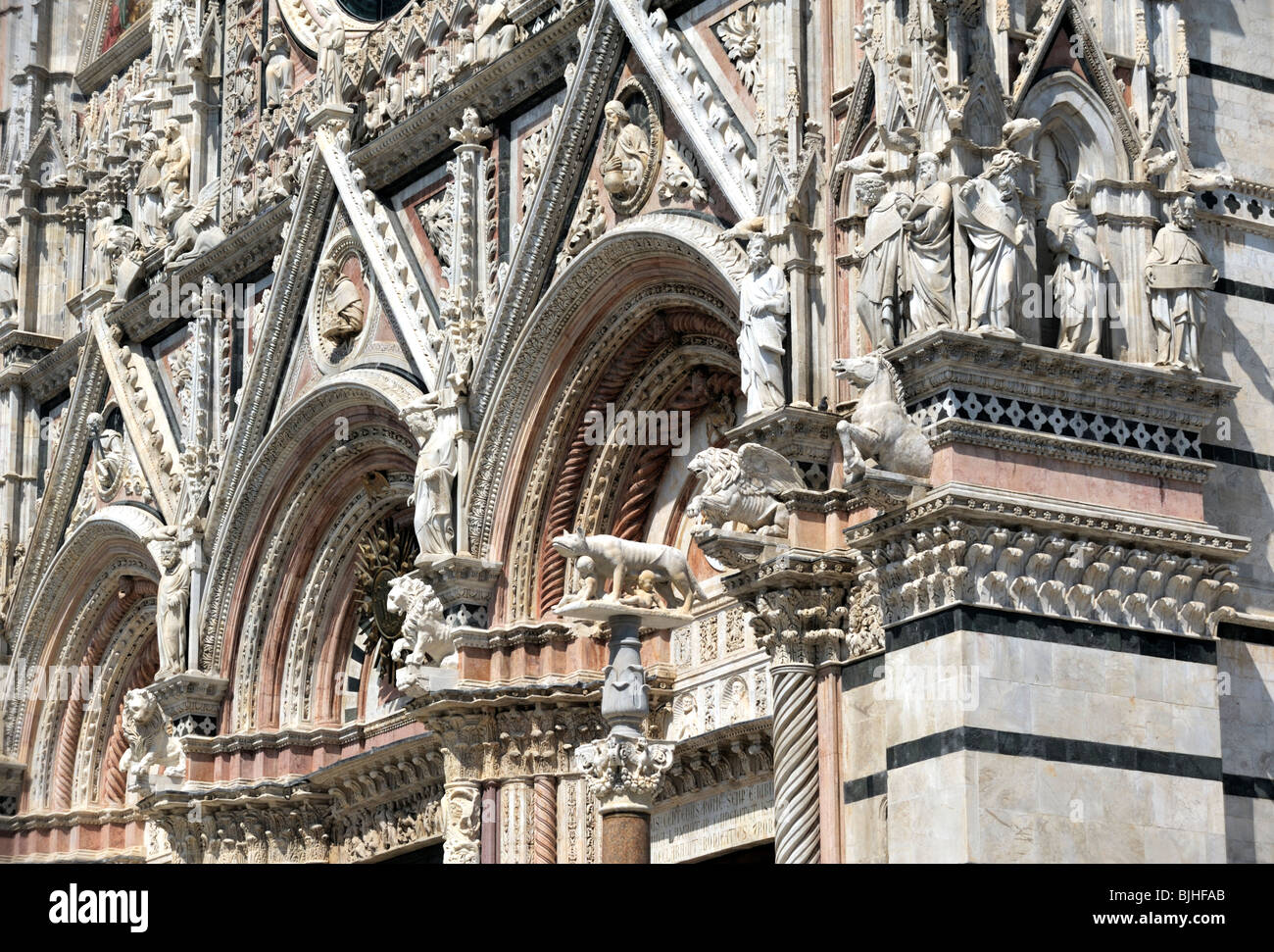 Cattedrale di Siena, Toscana, Italia. La caramella-striped facciata principale del duomo adornata con bestie e intricati intarsi Foto Stock