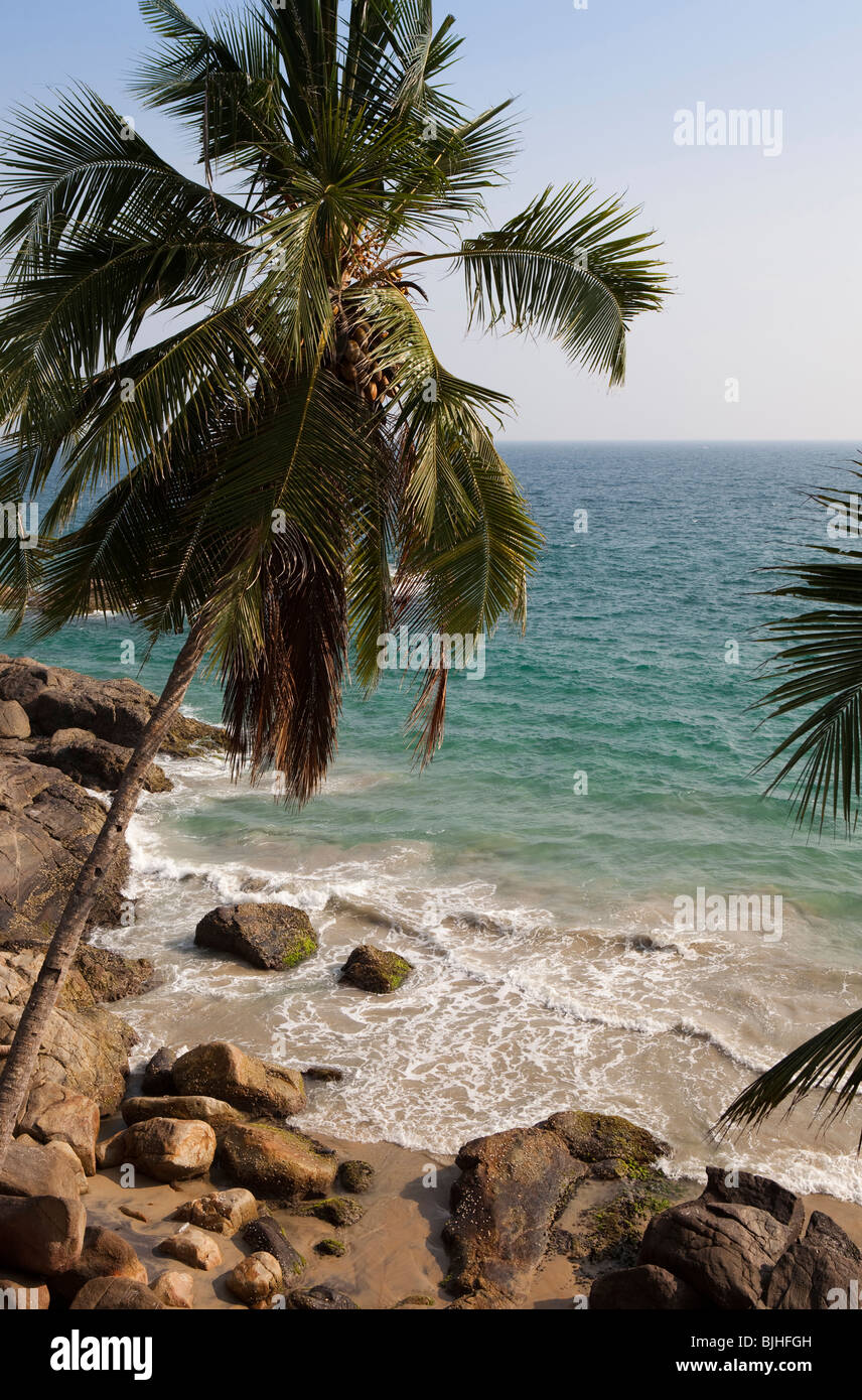 India Kerala, Kovalam, coconut Palm tree orlata appartata baia rocciosa Foto Stock