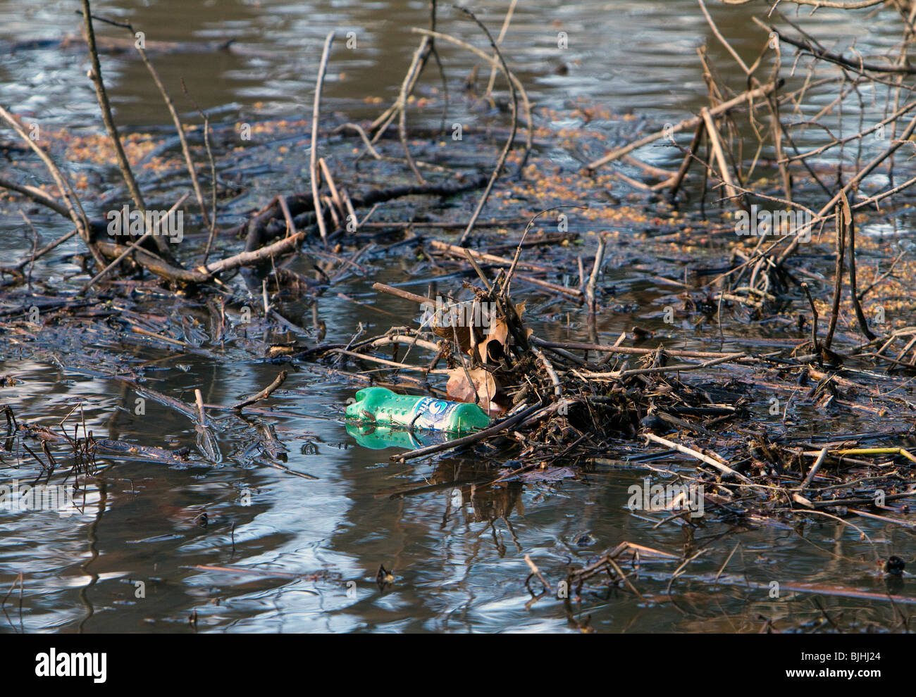 Una plastica verde bottiglia di soda come lettiera inquinare un fiume. Foto Stock