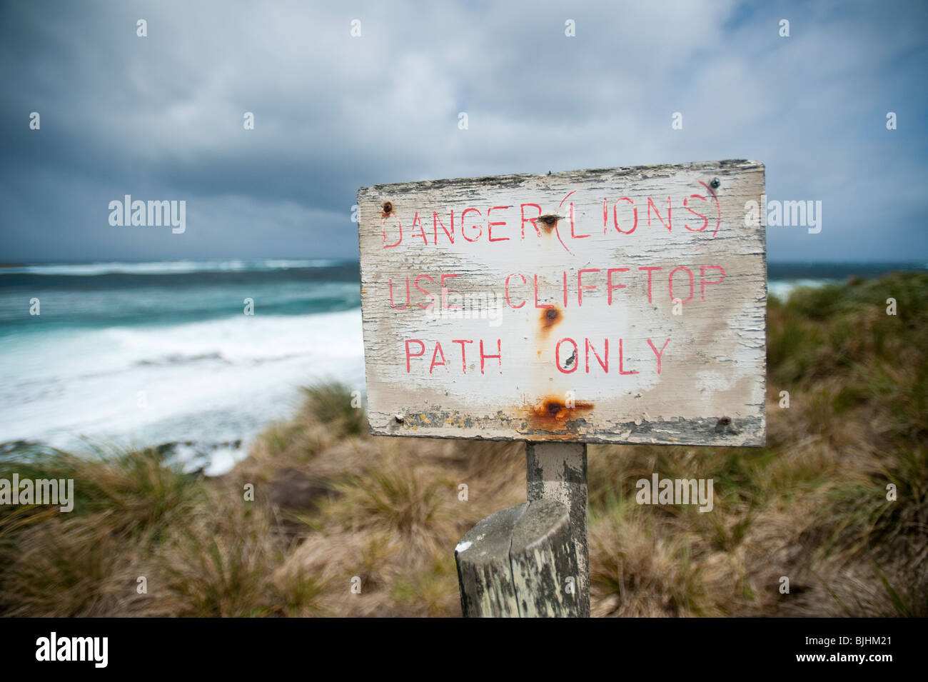 Segnale di avvertimento a Sea Lion Island Isole Falkland Foto Stock