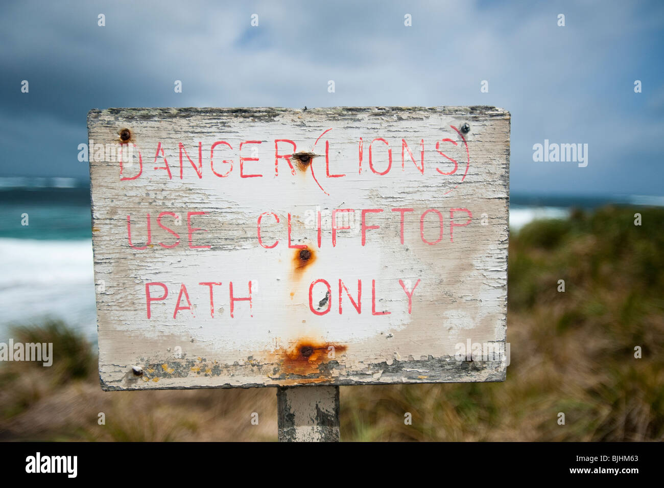 Segnale di avvertimento a Sea Lion Island Isole Falkland Foto Stock