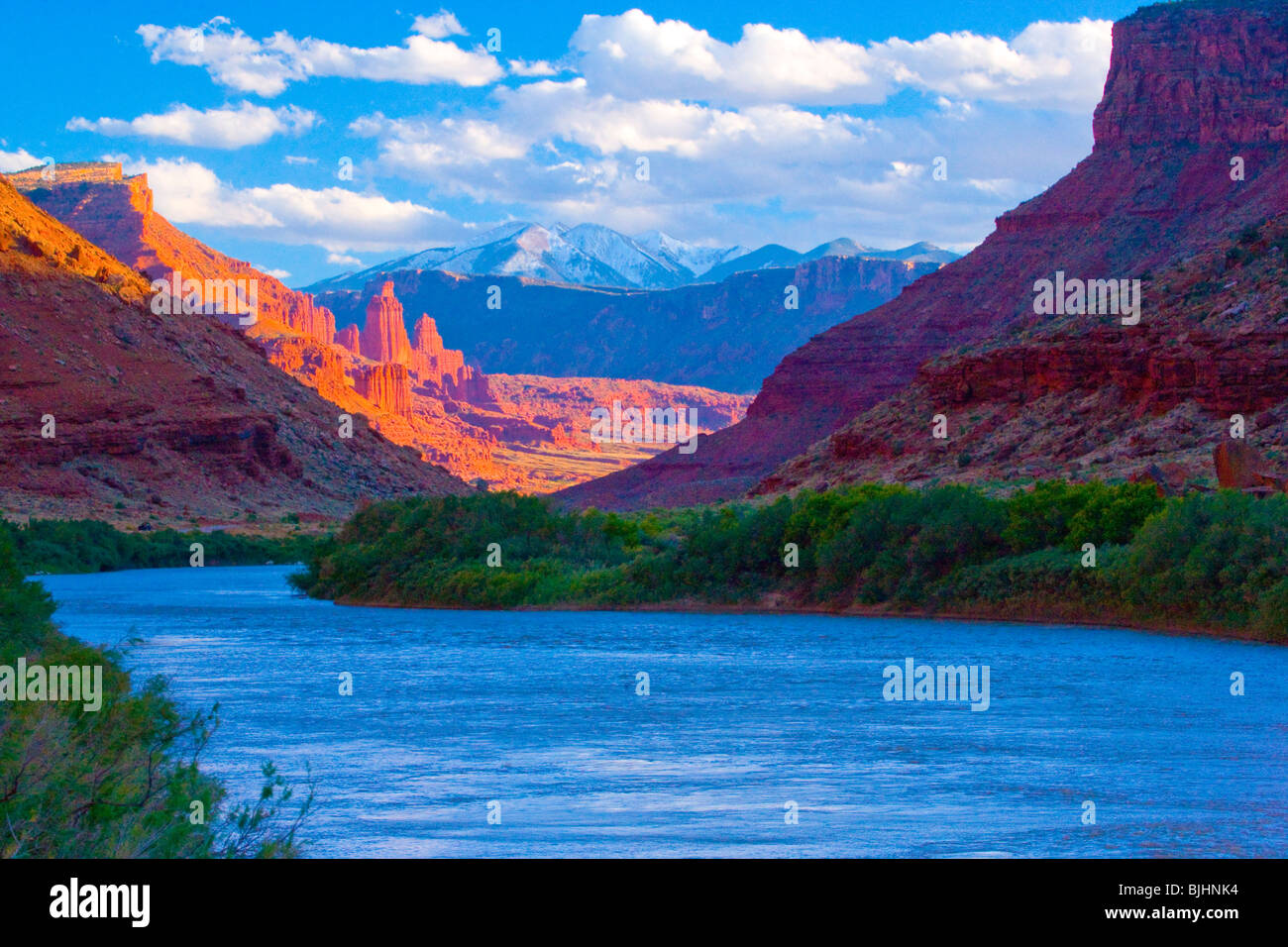 Il fiume Colorado, Utah, Fisher torri e La Sal Mountains al di là, BLM terre e Manti-La Sal National Forest Foto Stock