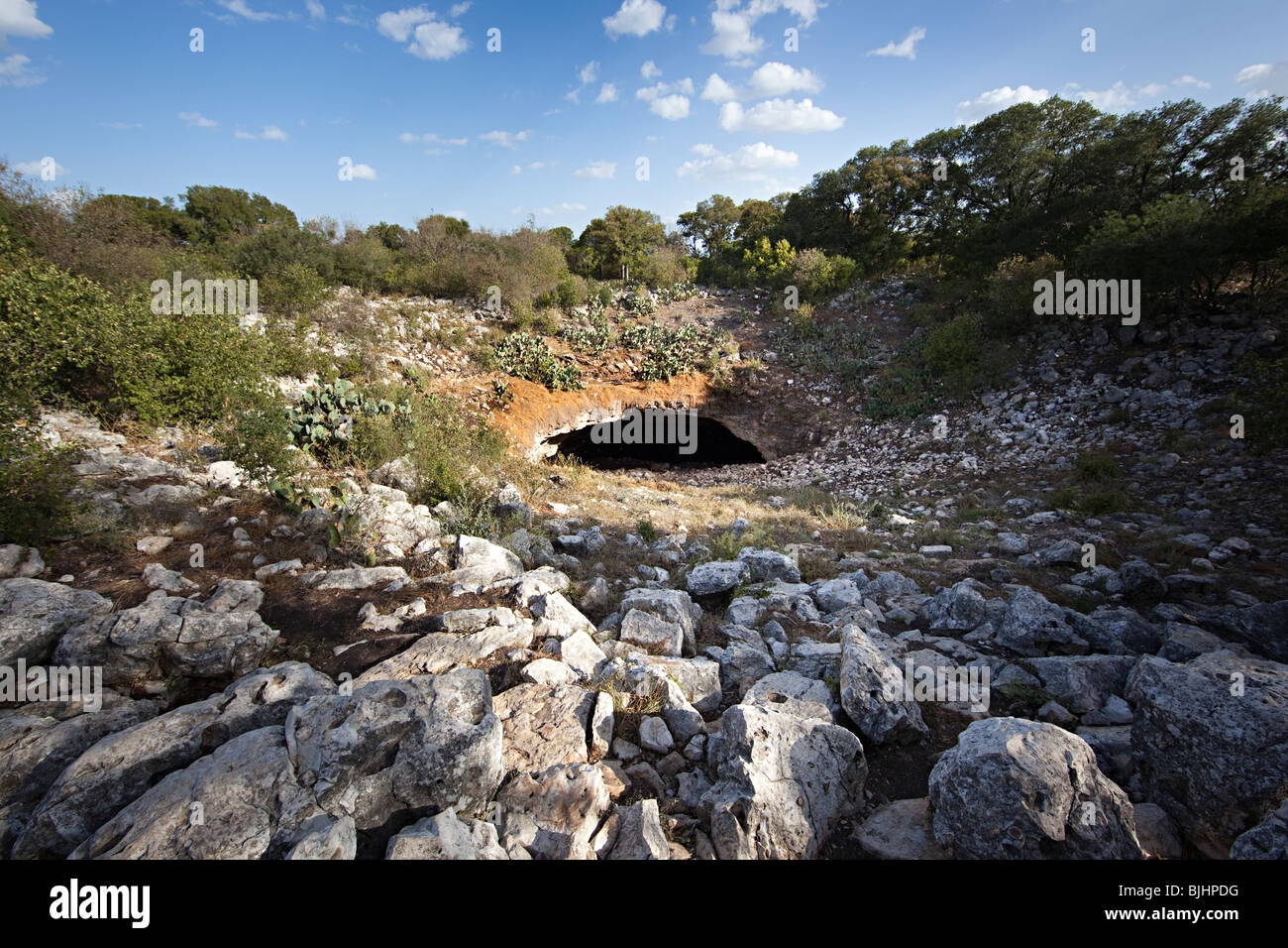 L'ingresso alla grotta Bracken il più grande roost messicano di Free-tailed pipistrelli Tadarida brasiliensis Texas USA Foto Stock