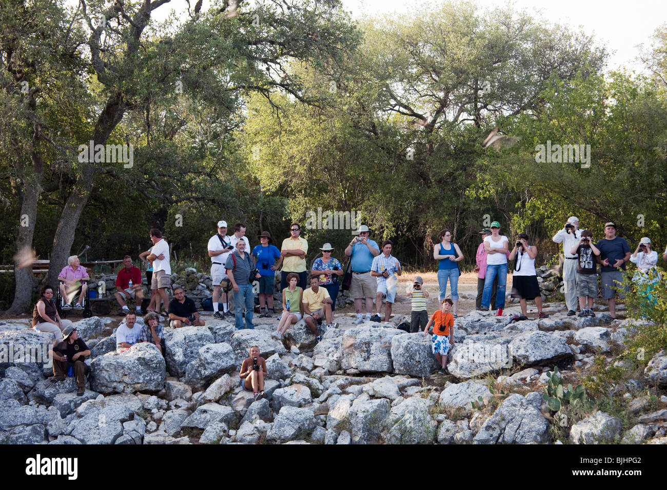 Le persone si sono riunite per la bat volo a Bracken Grotta, Texas, Stati Uniti d'America Foto Stock