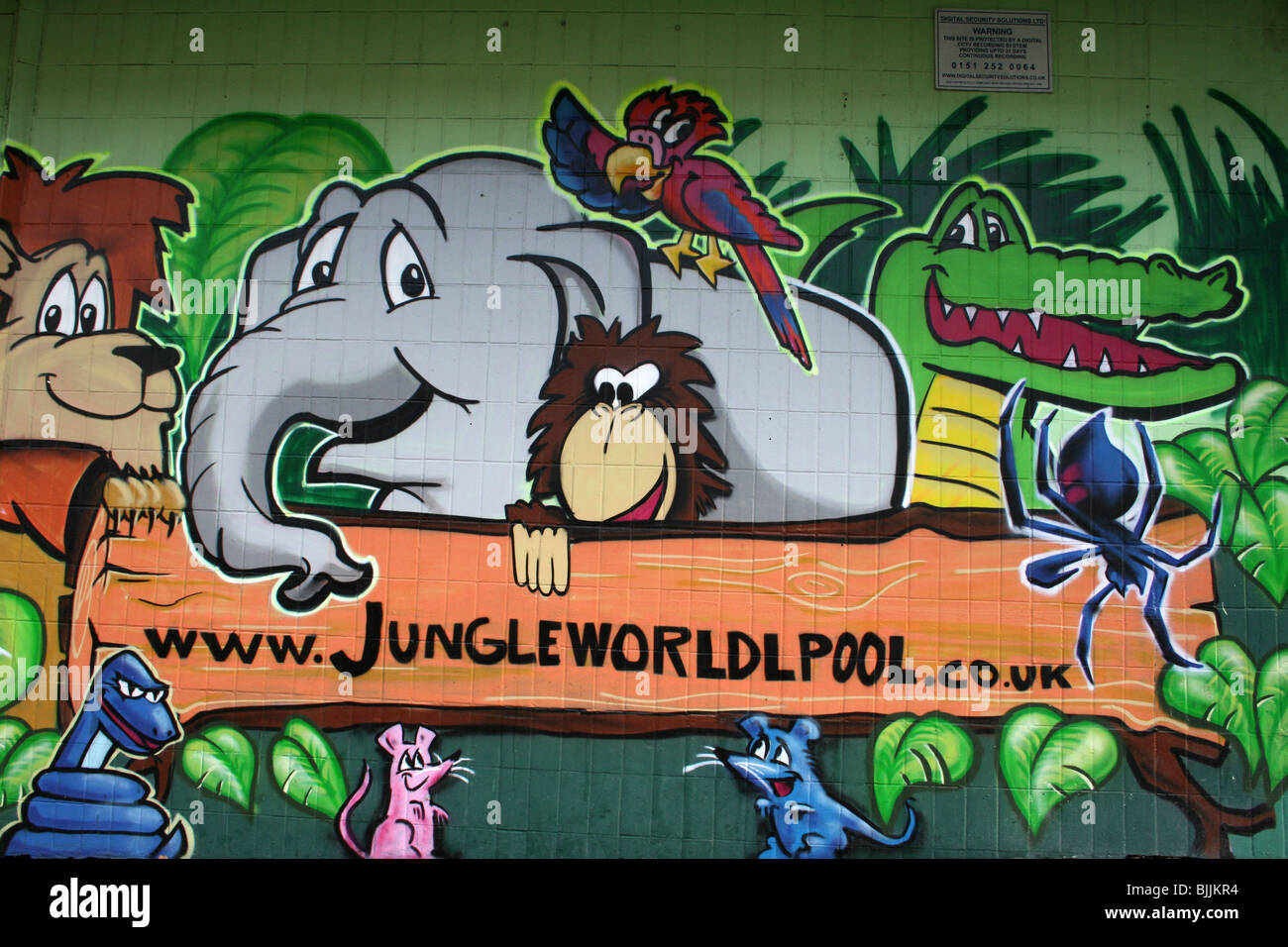 Jungleworld graffiti artista Stok, Liverpool, Merseyside, Regno Unito Foto Stock