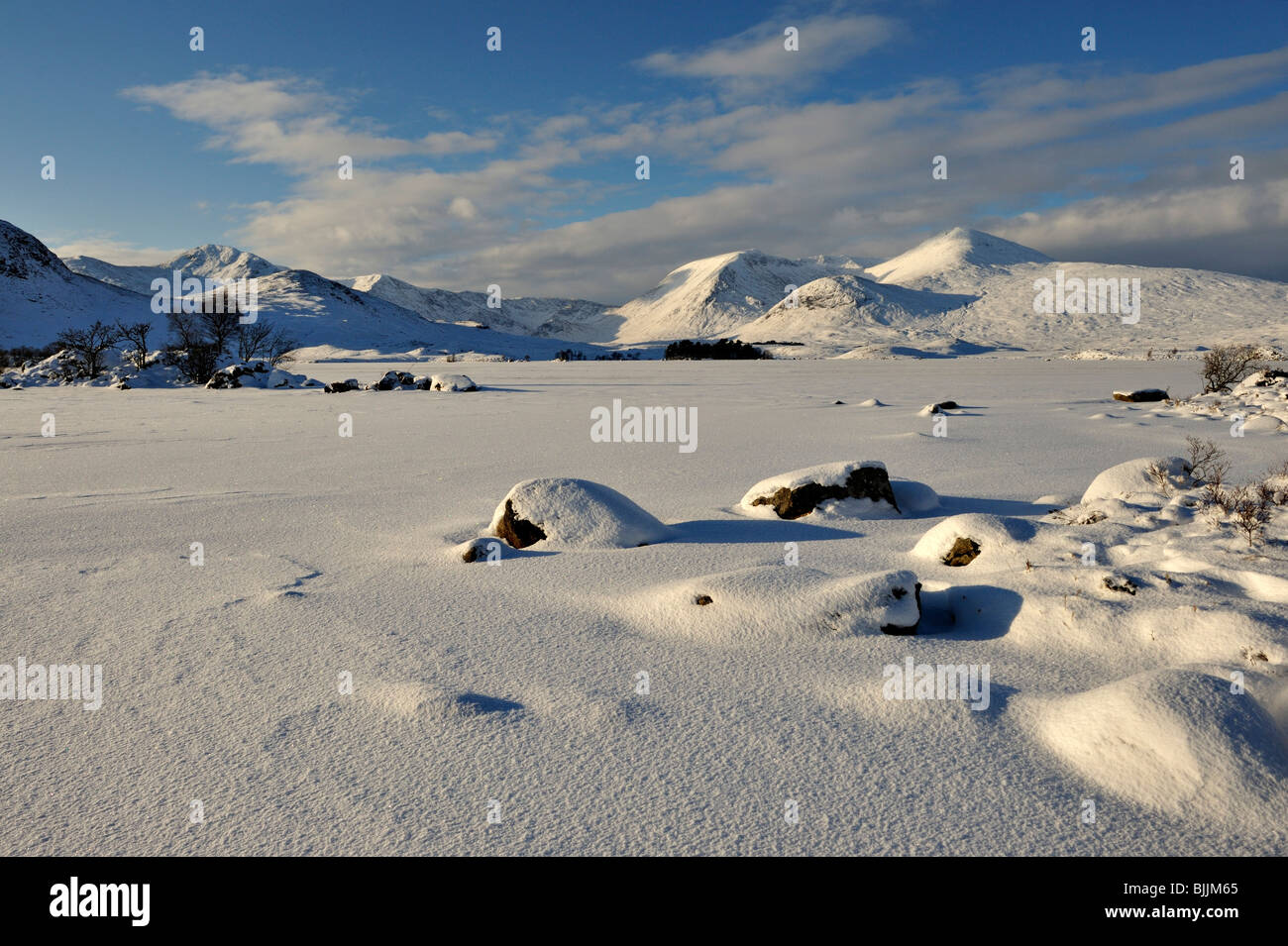 Vasta distesa di congelati coperti di neve sul lago con sfondo innevato delle montagne e il cielo blu scuro Foto Stock