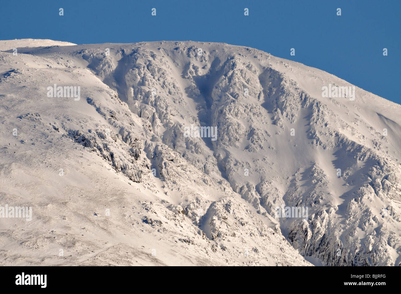 Ghiaccio e neve-incrostati di rocce e dirupi intorno alla parte superiore del chirurgo il Canalone Ben Nevis, Lochaber, Highlands scozzesi, REGNO UNITO Foto Stock