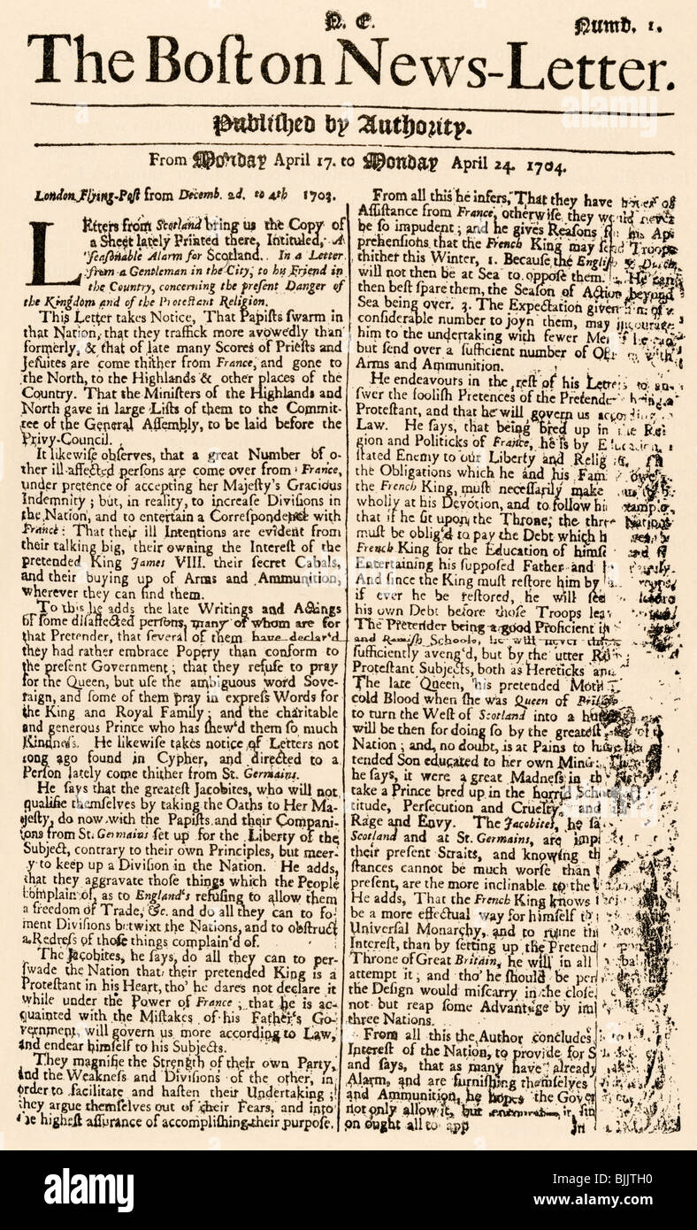 La prima edizione del Boston News-Letter, Aprile 14, 1704. Xilografia con un lavaggio ad acquerello Foto Stock