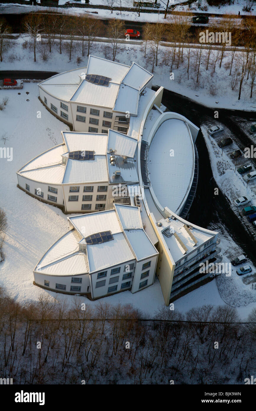 Vista aerea, edifici per uffici, proprietà commerciali, Am Eichenhain, neve invernale, Siegen, area di Sauerland, Renania settentrionale-Vestfalia Foto Stock