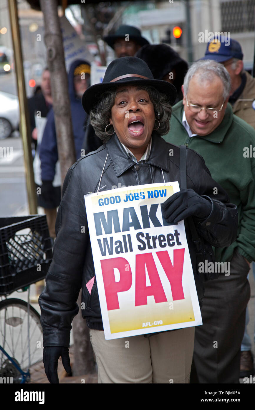 I membri dell'Unione richiedono che Wall Street banche pagare per la creazione di posti di lavoro Foto Stock