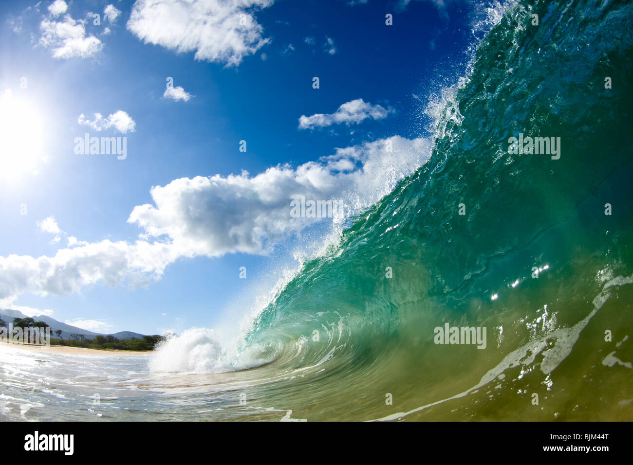 Una onda perfetta irrompe su un vuoto di spiaggia sabbiosa. Foto Stock
