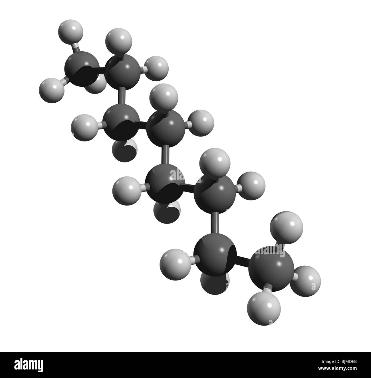 Molecola di ottano (colorcode: nero = carbonio, bianco = idrogeno) Foto Stock