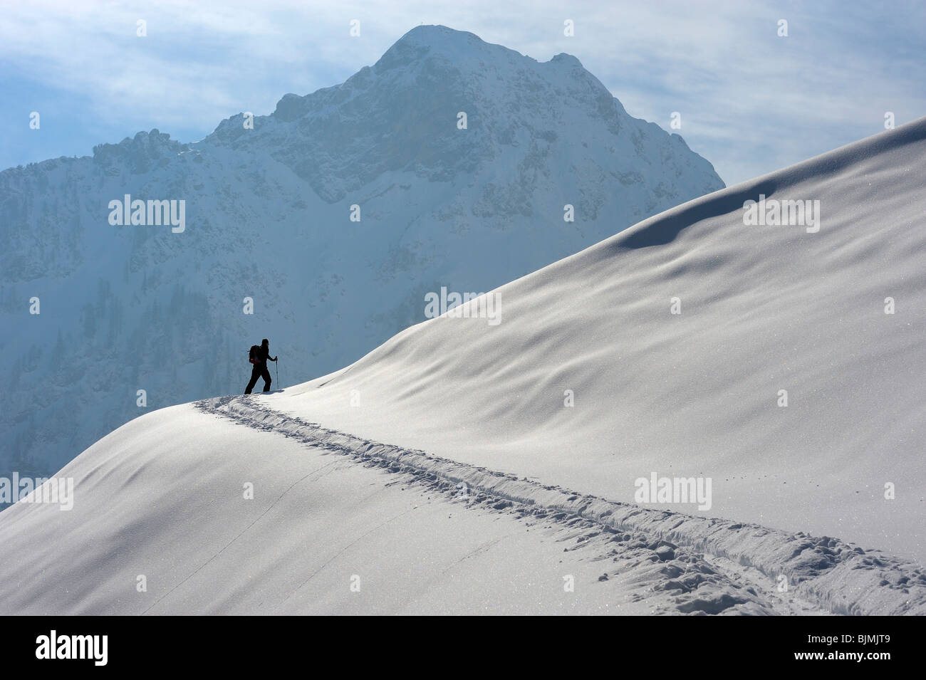 Paese indietro sciatore di fronte alla catena principale delle Alpi Allgaeuer, Hinterstein, Superiore Allgau, Baviera, Germania, Europa Foto Stock