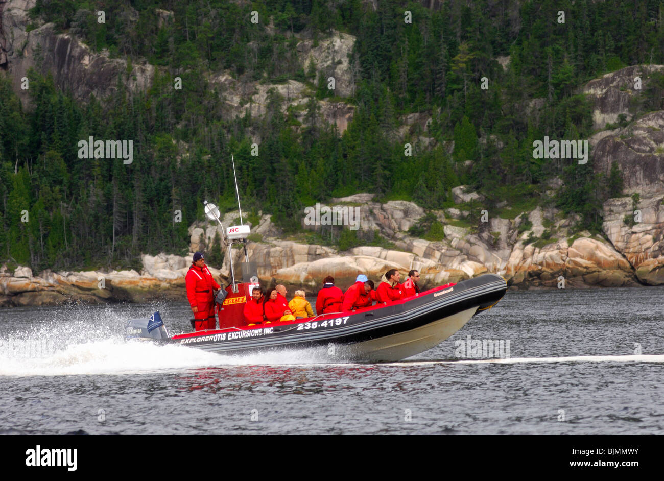 I turisti in un Zodiac barca gonfiabile di Otis Escursioni Inc. company, escursione sul fiume San Lorenzo, Tadoussac, Canada Foto Stock