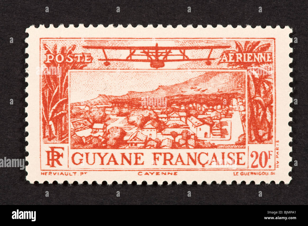 Francobollo dalla Guiana francese raffigurante la città di Cayenne. Foto Stock
