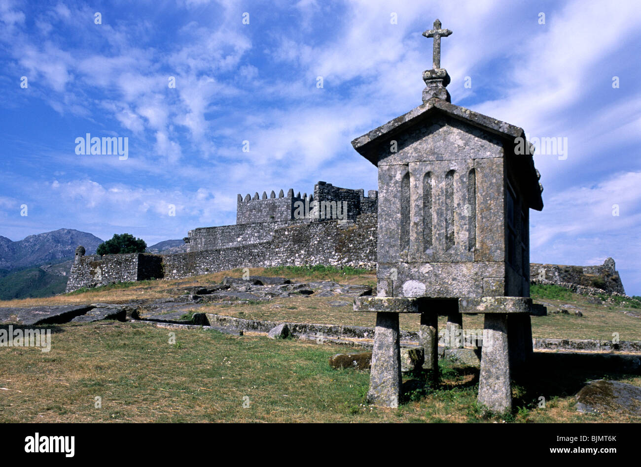 Espigueiros tradizionale o granai, in Lindoso, il nord del Portogallo. La città di castello del XIII secolo è in background. Foto Stock