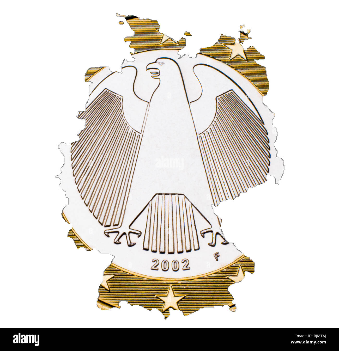 Tedesco 1 Euro moneta (retromarcia) tagliate come mappa della Germania Foto Stock