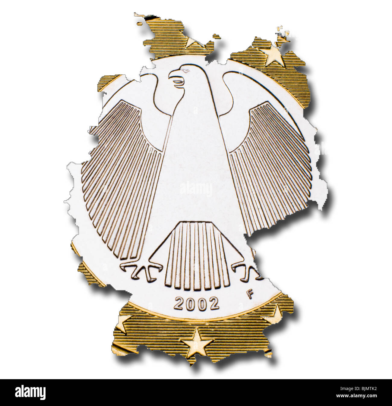 Tedesco 1 Euro moneta (retromarcia) nella mappa della Germania con ombra Foto Stock