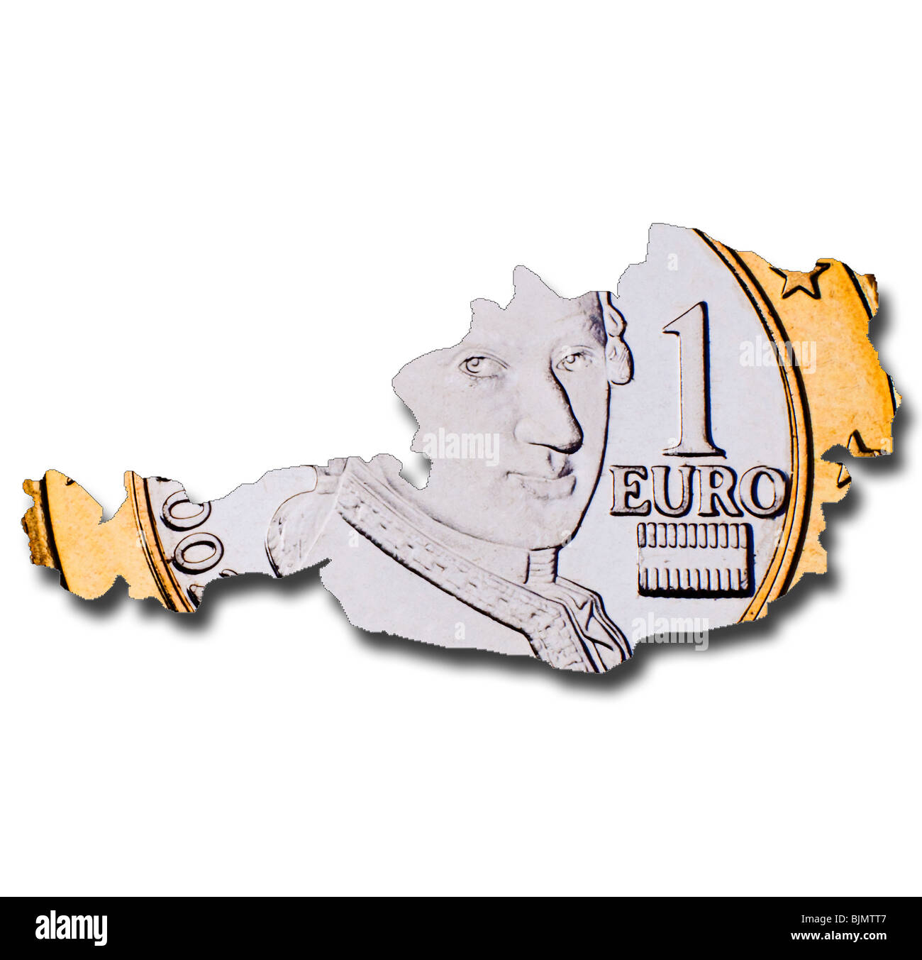 Austrian 1 Euro moneta (retromarcia) nella mappa di Austria con ombra Foto Stock