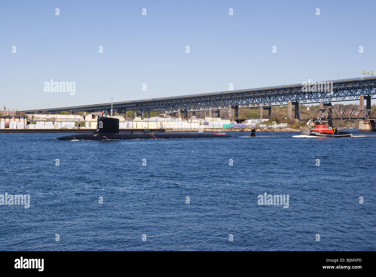 Un US Navy Virginia classe attacco rapido teste sottomarino a mare sul fiume Tamigi, Connecticut Foto Stock