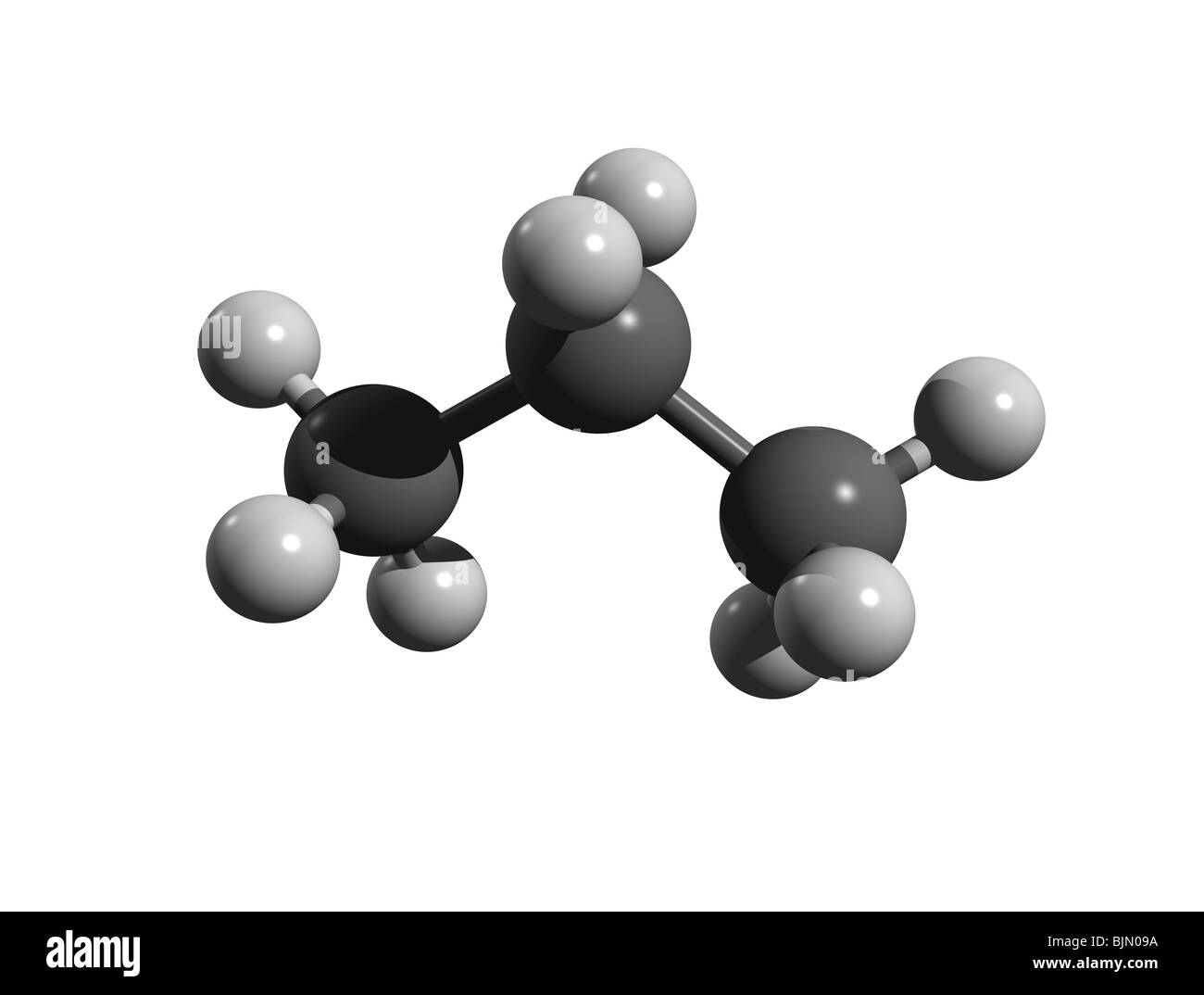 Molecola di propano (colorcode: nero = carbonio, bianco = idrogeno) Foto Stock