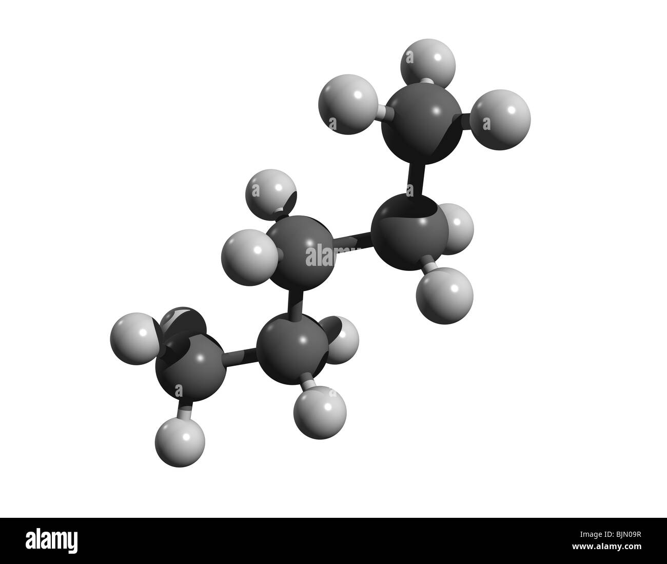 Molecola di pentano (colorcode: nero = carbonio, bianco = idrogeno) Foto Stock