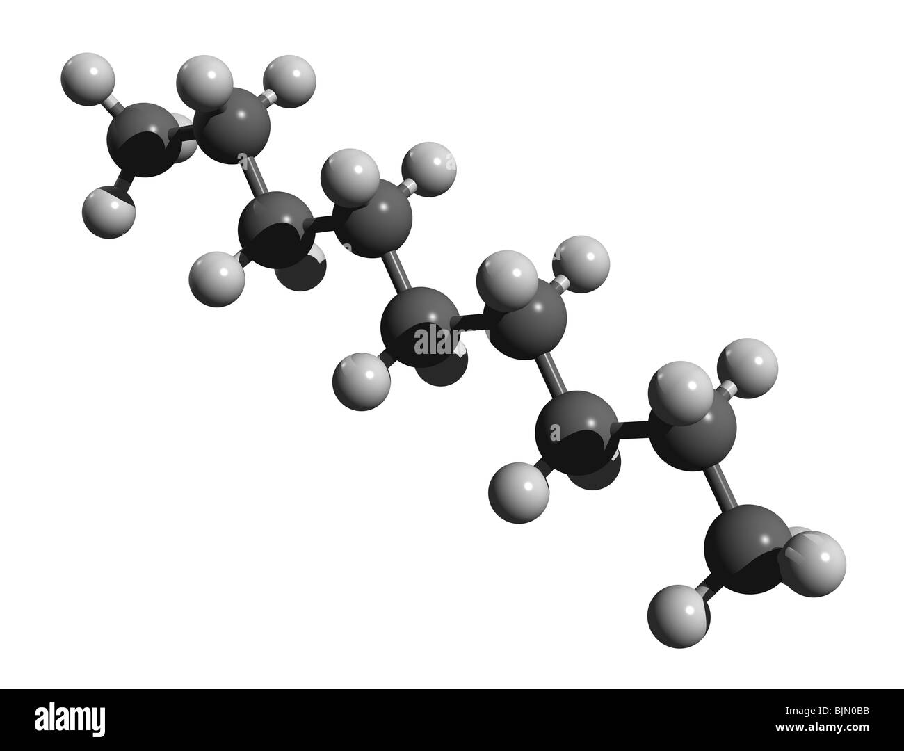 Il nonano molecola (colorcode: nero = carbonio, bianco = idrogeno) Foto Stock