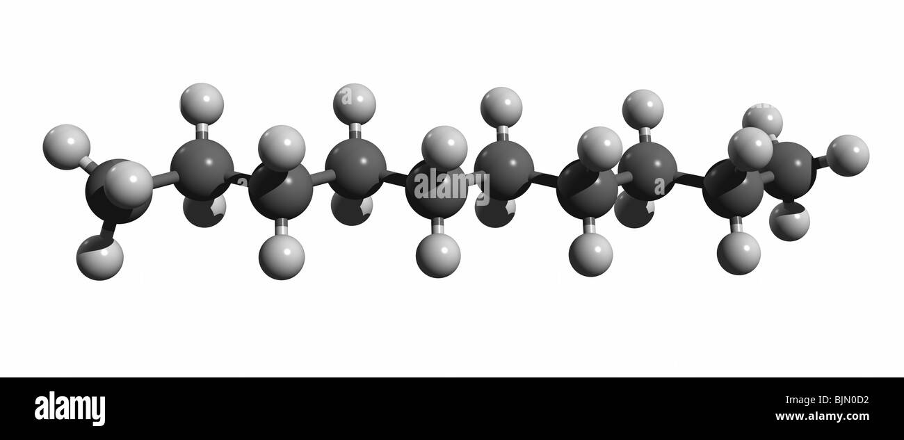 Decano molecola (colorcode: nero = carbonio, bianco = idrogeno) Foto Stock