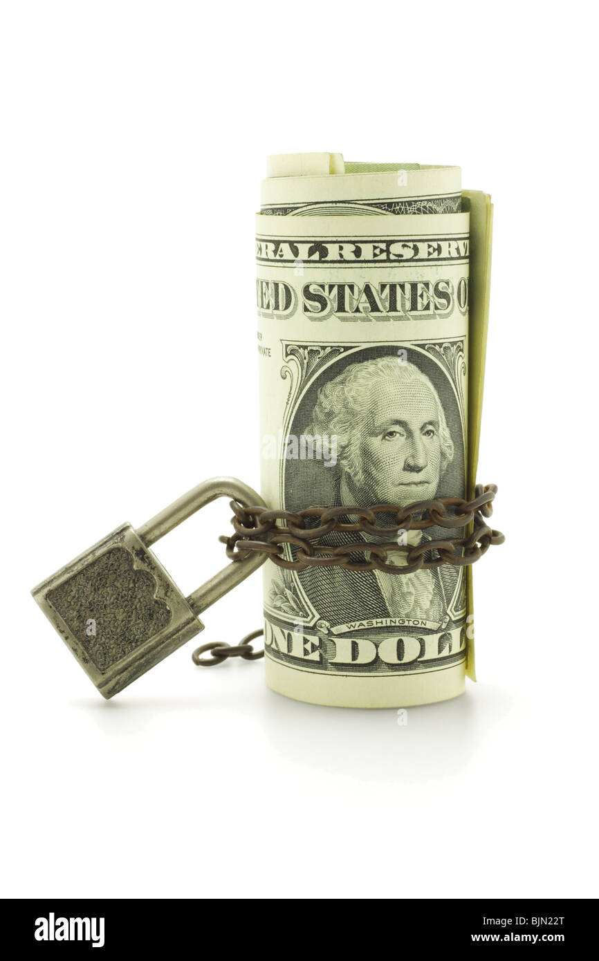 Dollari USA incatenati e bloccato su sfondo bianco Foto Stock