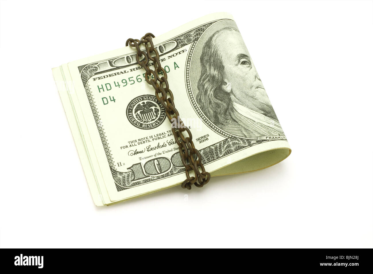 100 dollari US incatenati su sfondo bianco Foto Stock