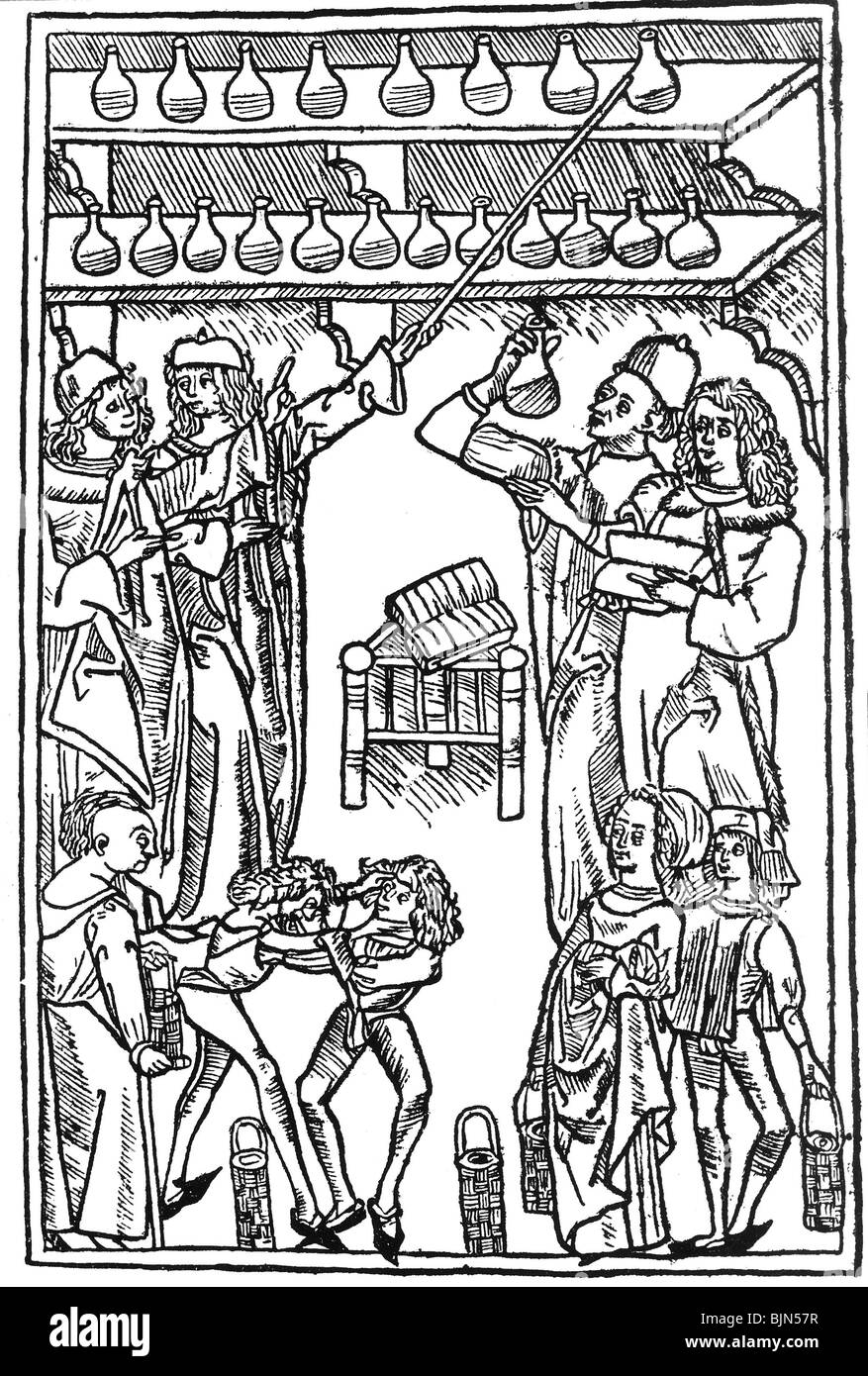 Medicina, farmacia, farmacia, farmacia, farmacia, medici che scelgono rimedi, legno tagliato da "Hortus sanitatis" di Jakob Meydenbach, Magonza, Germania, 1491, Foto Stock