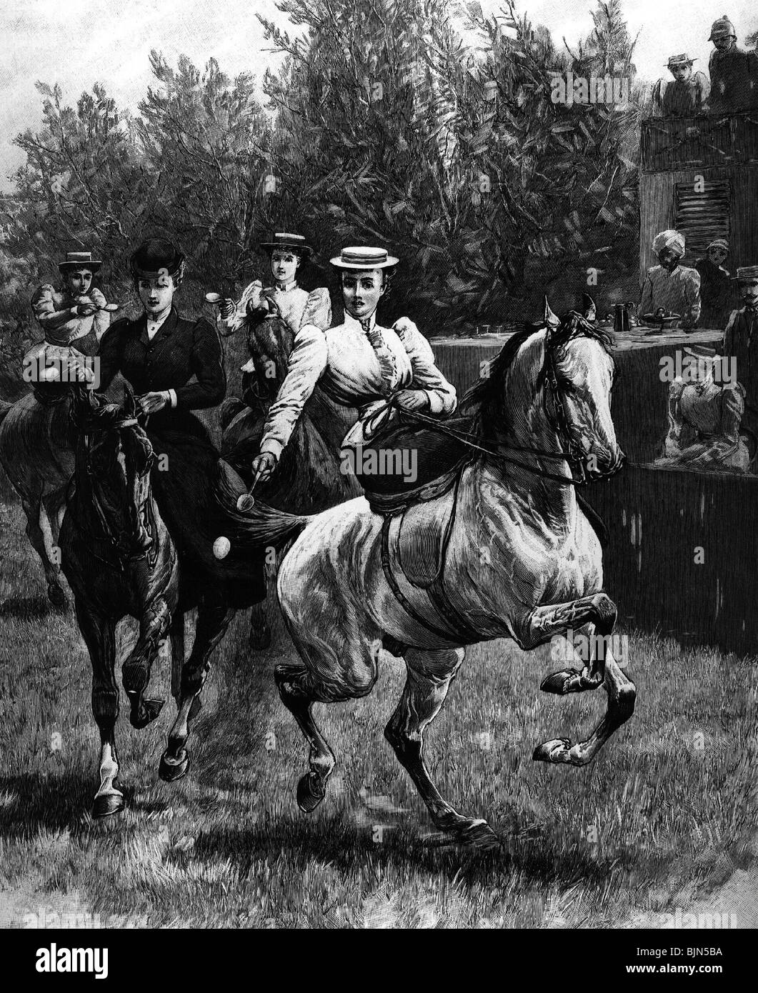 sport, equitazione, donne a cavallo equilibratura uova a cucchiai, equitazione, sport equini, sport equestri, equitazione, equilibrio, abilità, gara, competizione, storico, storico, 19th secolo, persone, Foto Stock