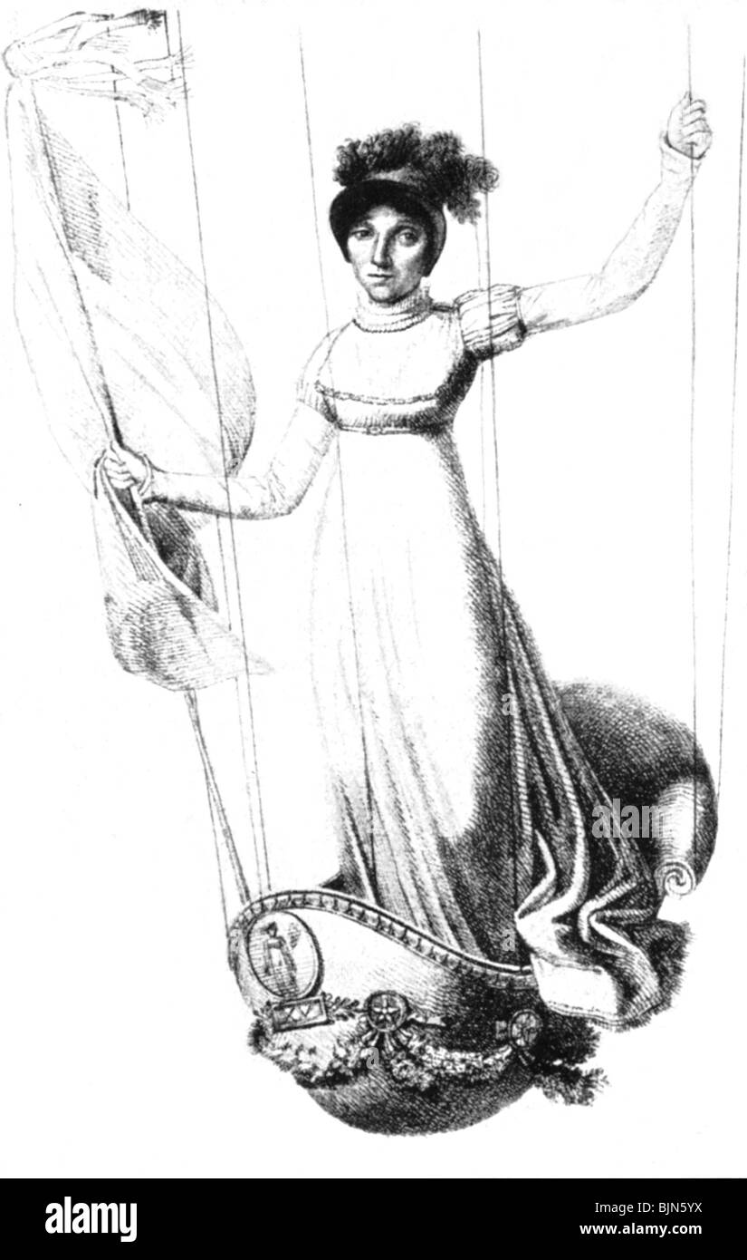 Trasporti / trasporto, aviazione, Sophie Armand Blanchard in gondola durante la sua corsa di palloncino il 15.8.1811, artista del diritto d'autore non deve essere cancellata Foto Stock