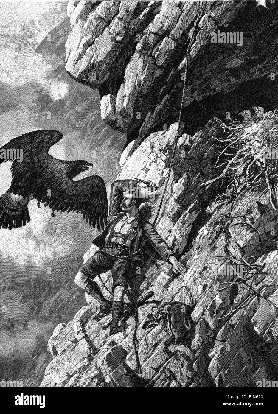Caccia, poacher, incisione in legno di E. Krell dopo la pittura di R. Reschreiter, lotta con aquila, attacco, lotta, nido, storico, storico, persone, Foto Stock