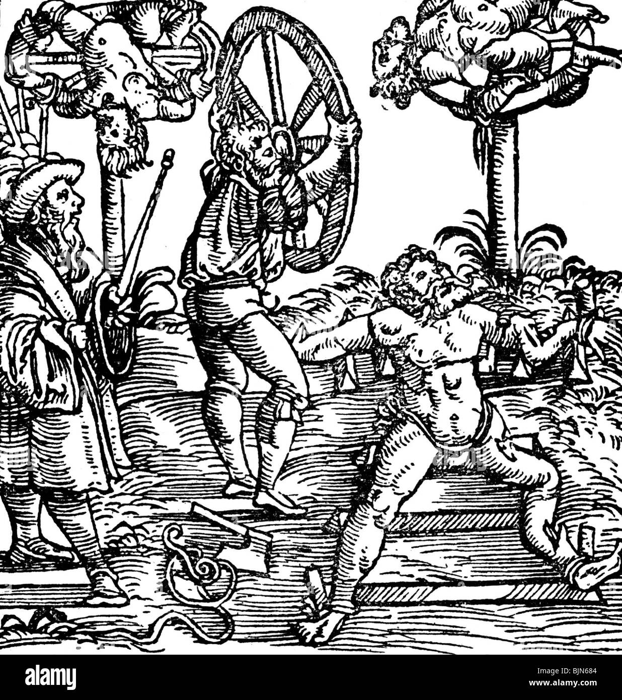 Giustizia, sistema penitenziario, ruota di rottura, dopo un taglio di legno, stampato da Christoph Froschauer, 1548, Foto Stock