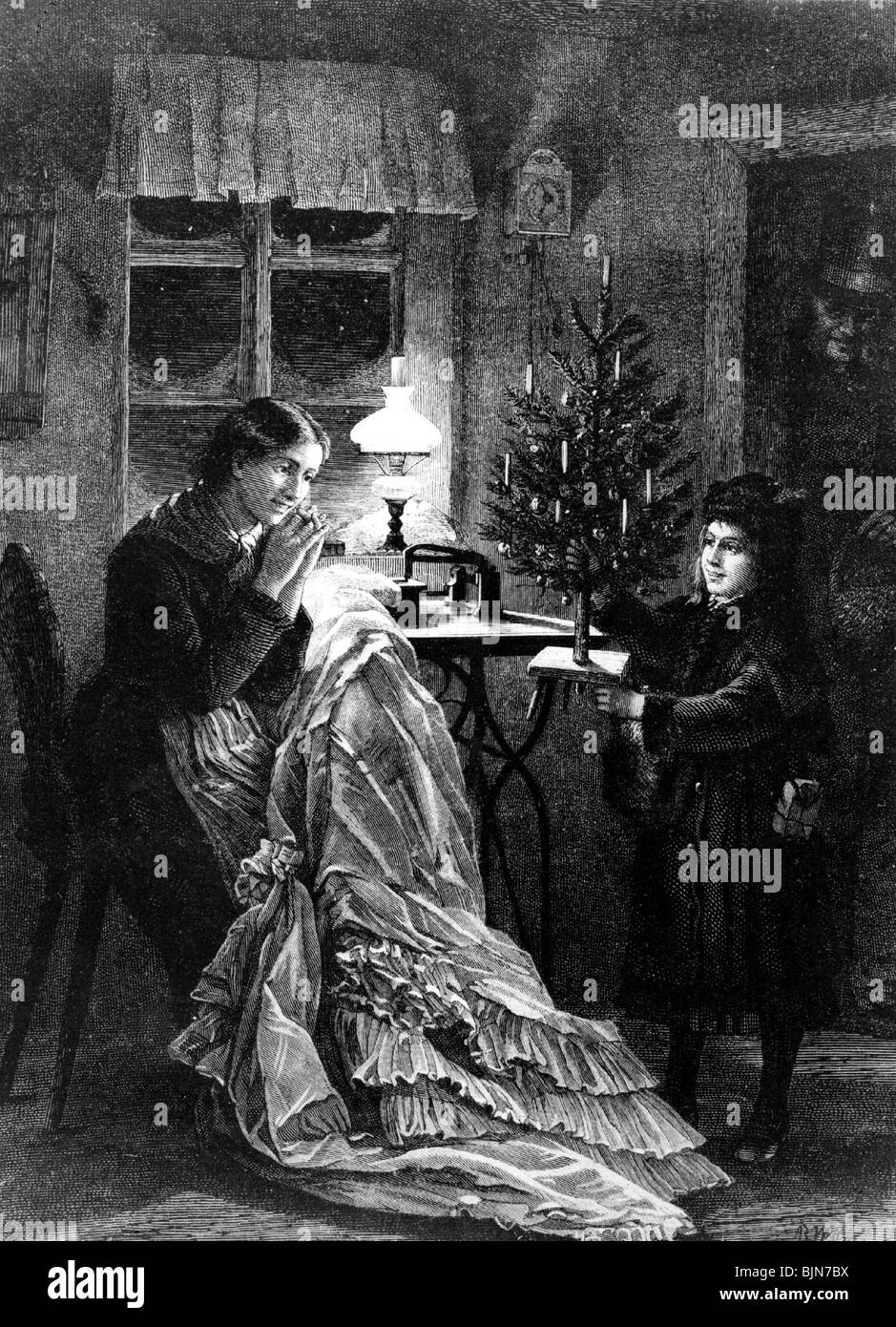 Natale, ragazza che porta una povera donna un piccolo albero di Natale, incisione in legno, circa 1850, Foto Stock