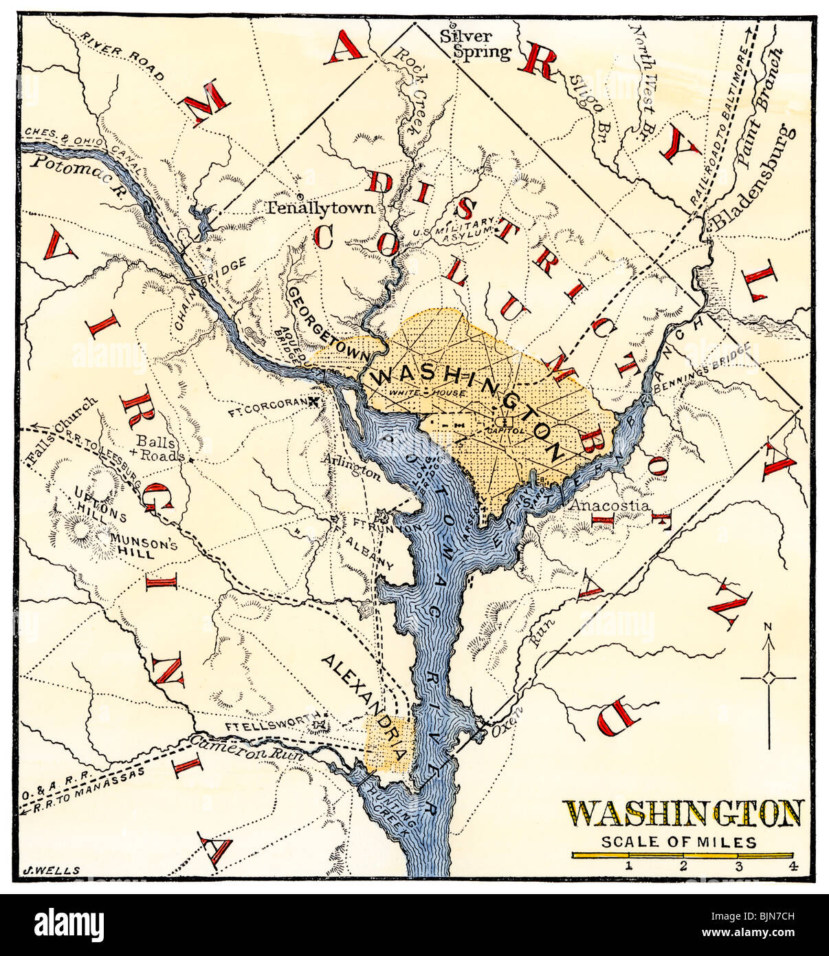 Mappa di Washington DC e dintorni sin dall'inizio della guerra civile. Colorate a mano la xilografia Foto Stock