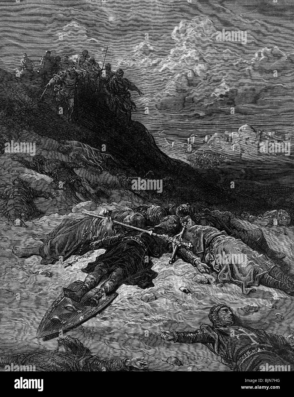 Medioevo, crociate, sconfitta dei cristiani nella battaglia di Hattin, 4.7.1187, incisione su legno da Jonnard dopo il disegno di Gustav Dore, a: Joseph Francois Michaud "Histoire des Croisades', 1875, artista del diritto d'autore non deve essere cancellata Foto Stock
