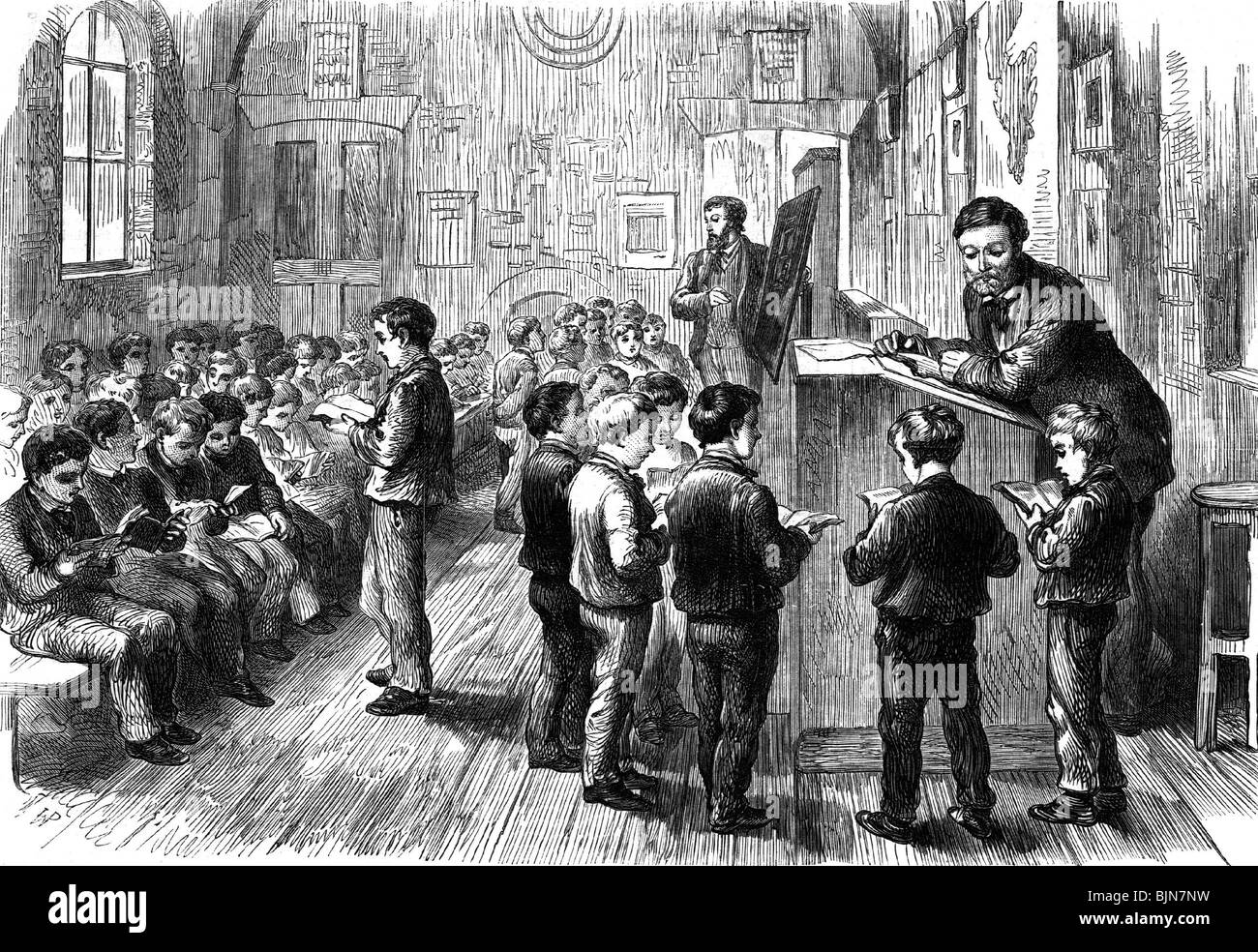 Istruzione, scuola, scena in una nuova scuola, scuola per ragazzi, Regent's Parl Road, 1870, Foto Stock