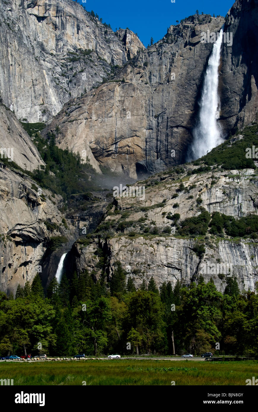 Superiore e inferiore di Yosemite Falls come visto dal fondovalle, il Parco Nazionale Yosemite in California Foto Stock